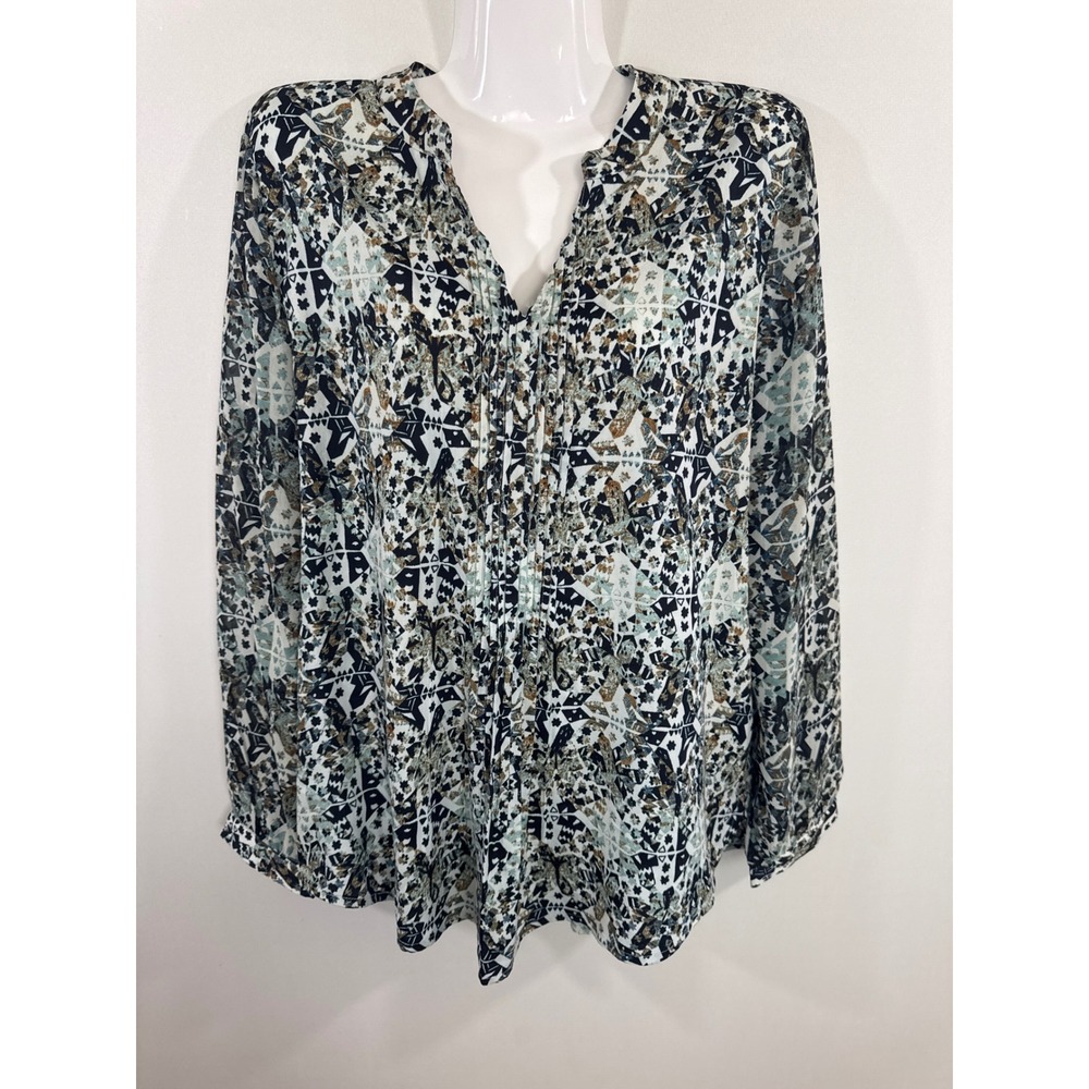 Nine West Vintage America Blue Geometric Pintuck Blouse Women Large NEW